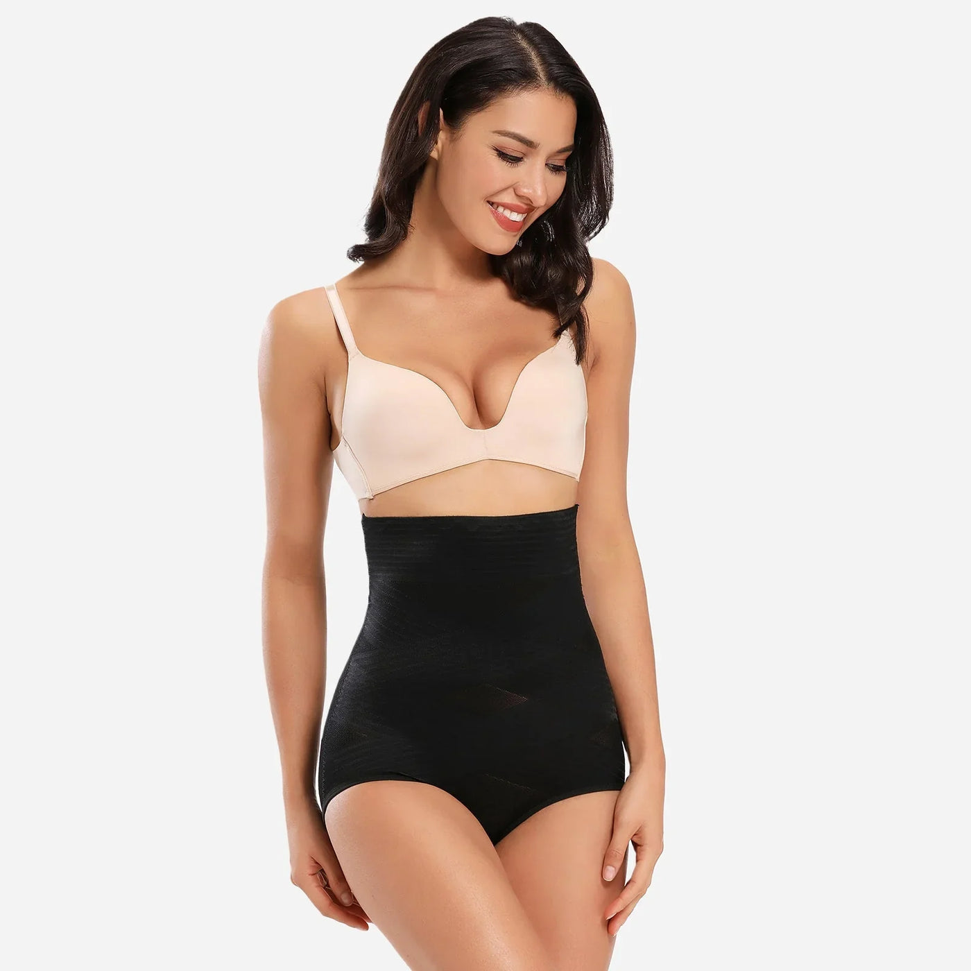Woman modeling Formivelle high waisted black tummy control shapewear panties