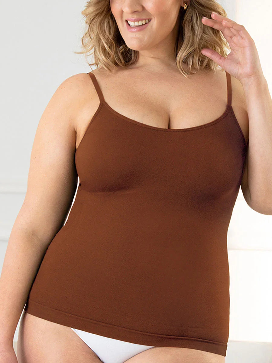 Woman wearing a chocolate brown Formivelle shaper cami tank top with thin straps