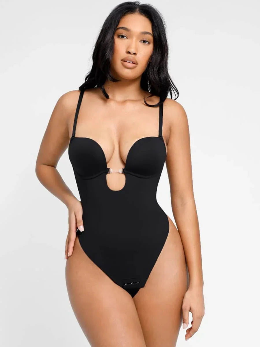 Woman modeling a black Formivelle shapewear bodysuit with adjustable straps
