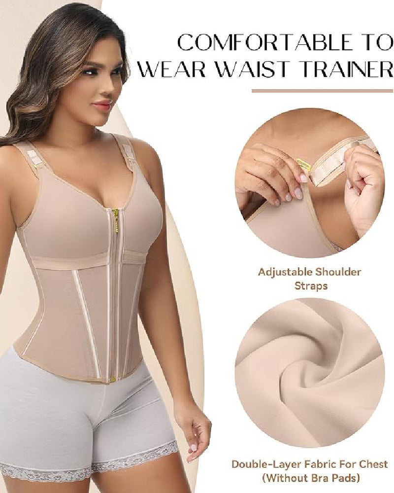 Formivelle Boned Latex Zipper Corset Tummy Control Body Shaper Vest With Bra