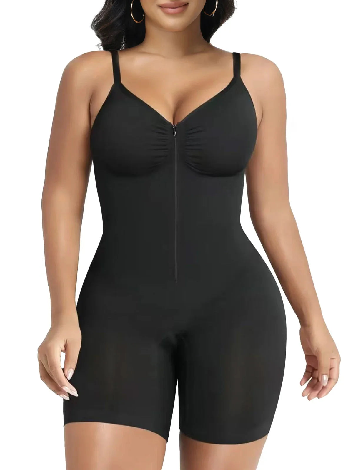 Formivelle black zip and cinch sculpting bodysuit shapewear with adjustable straps