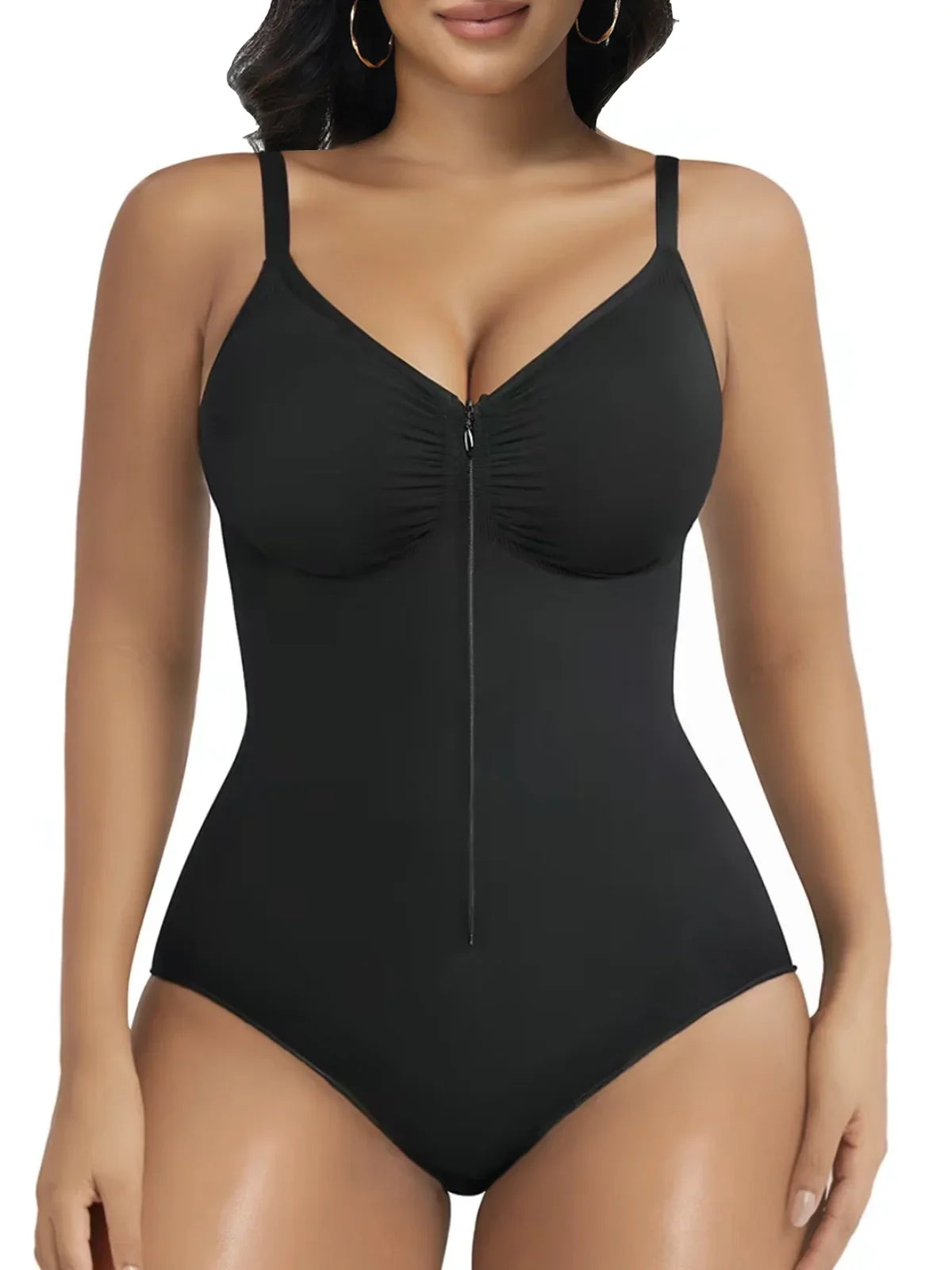 Woman wearing Formivelle black zip-front sculpting bodysuit shapewear with adjustable straps.