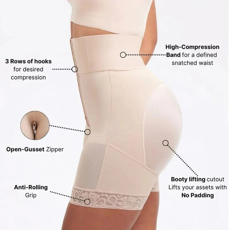 High Waist Tummy Control Shapewear Shorts - Bathroom Zipper & Butt Lifter