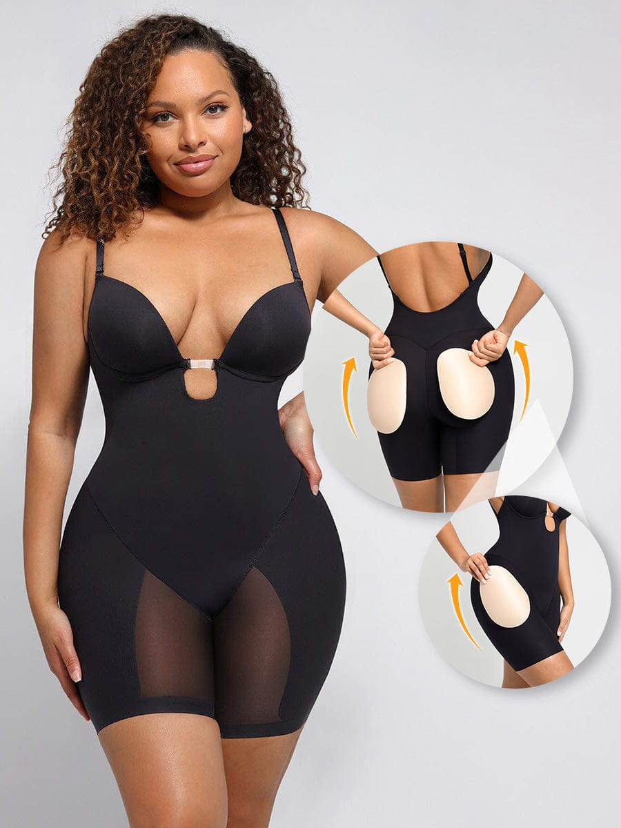 Formivelle Plunge Low-Back Mid-Thigh Shapewear With Removable Butt And Hips Pads